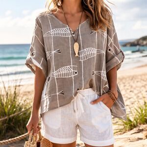 New Directions Casual Linen Blend Fish Print Oversized Top